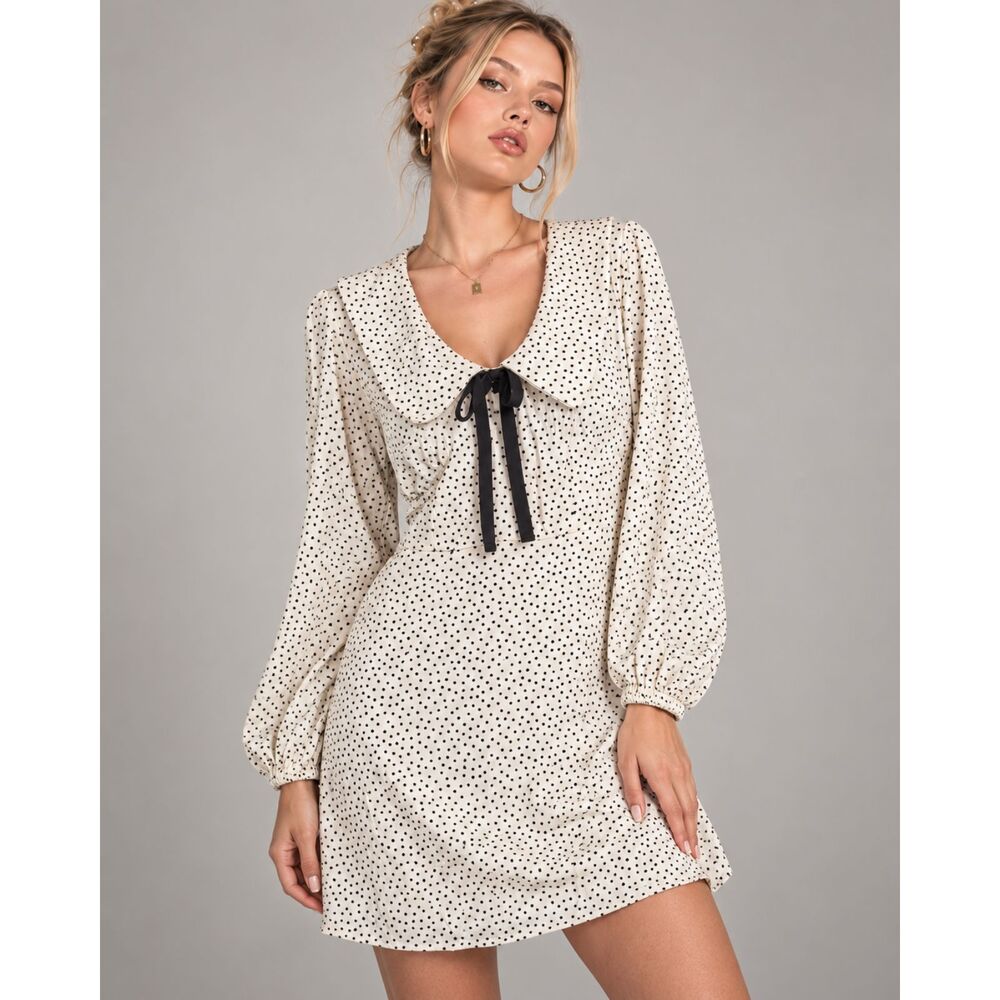 Womens S Cream Black Polka Dot Mini Dress Bow Collar Twee Coquette Retro 60s Mod